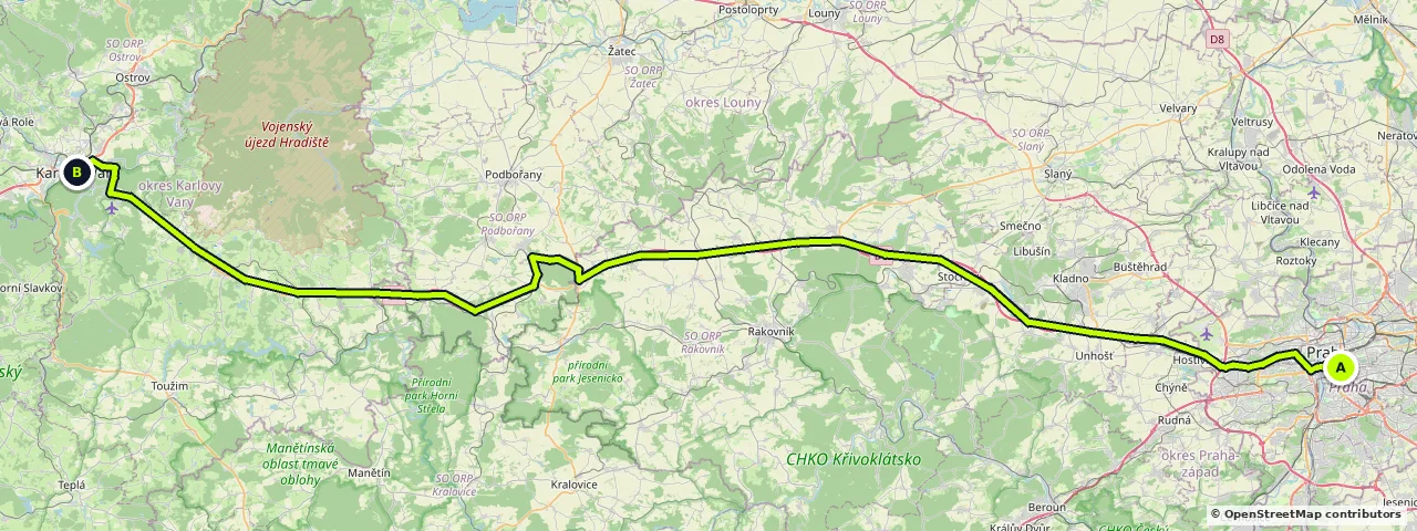 Map of the route from Prague to Karlovy Vary