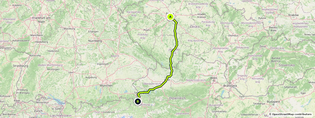 Map of the route from Prague to Königssee