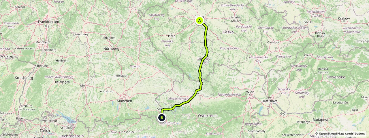 Map of the route from Prague to Berchtesgaden