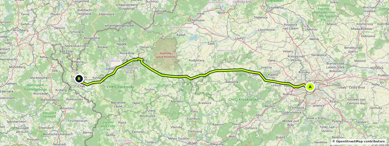 Map of the route from Prague to Františkovy Lázně