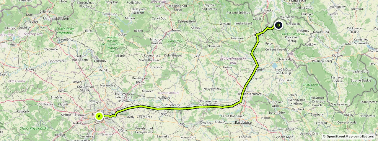 Map of the route from Prague to Adršpach, Czech Republic
