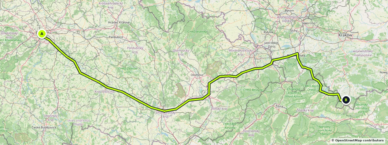 Map of the route from Prague to Zakopane
