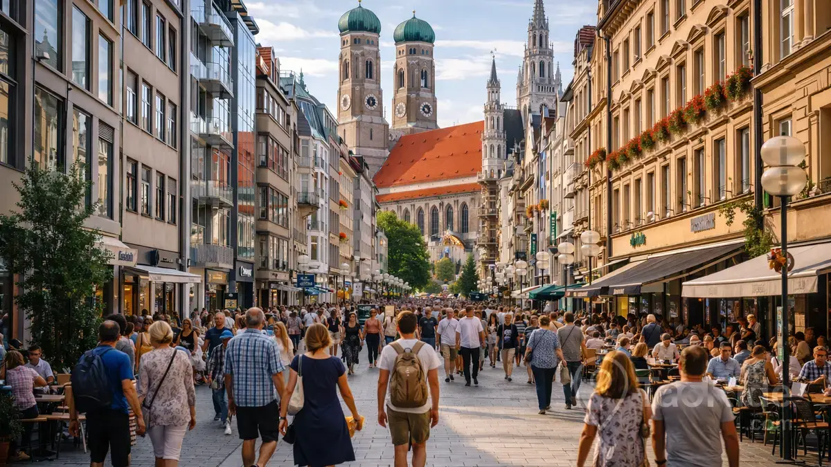 Street view in Munich showing modern and traditional architecture