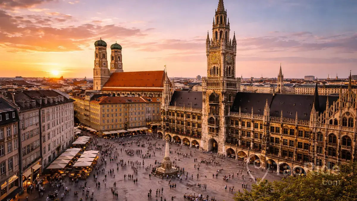 Marienplatz in Munich at sunset with Glockenspiel