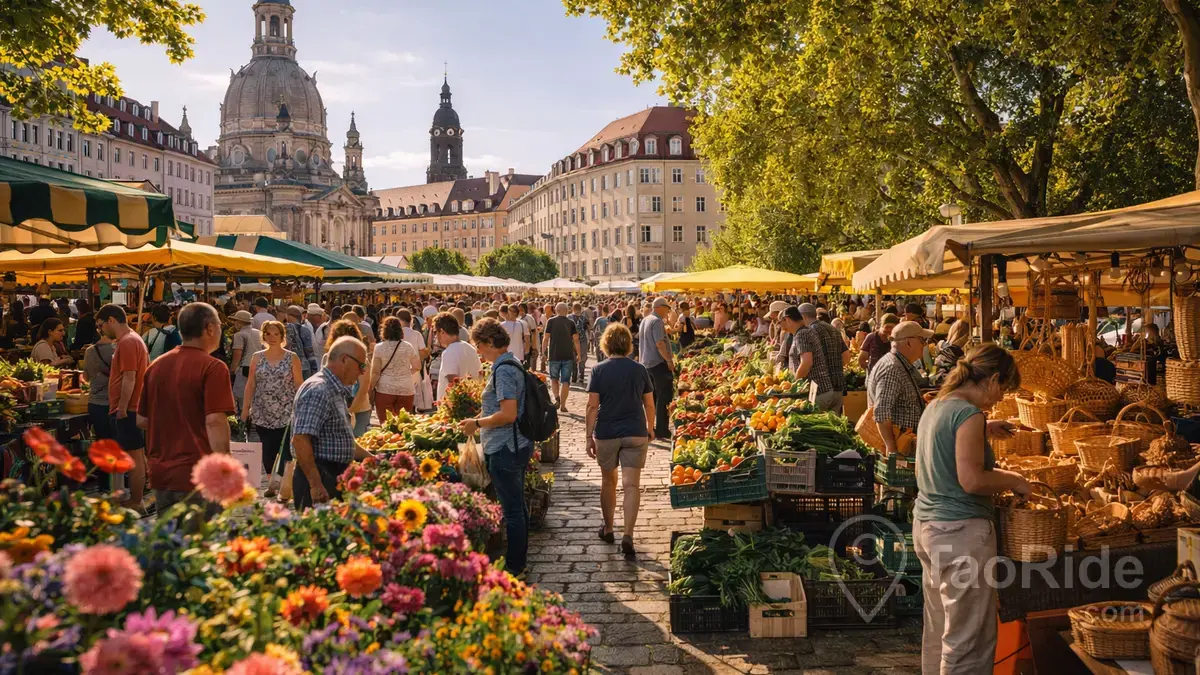 Dresden street market with colorful stalls and local shoppers