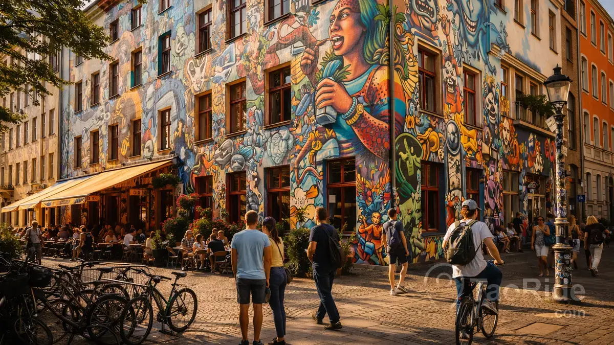 Vibrant street art in Berlin with pedestrians and bicycles