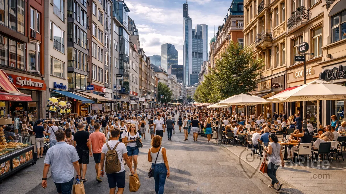 Lively street scene in Frankfurt with shops and cafes