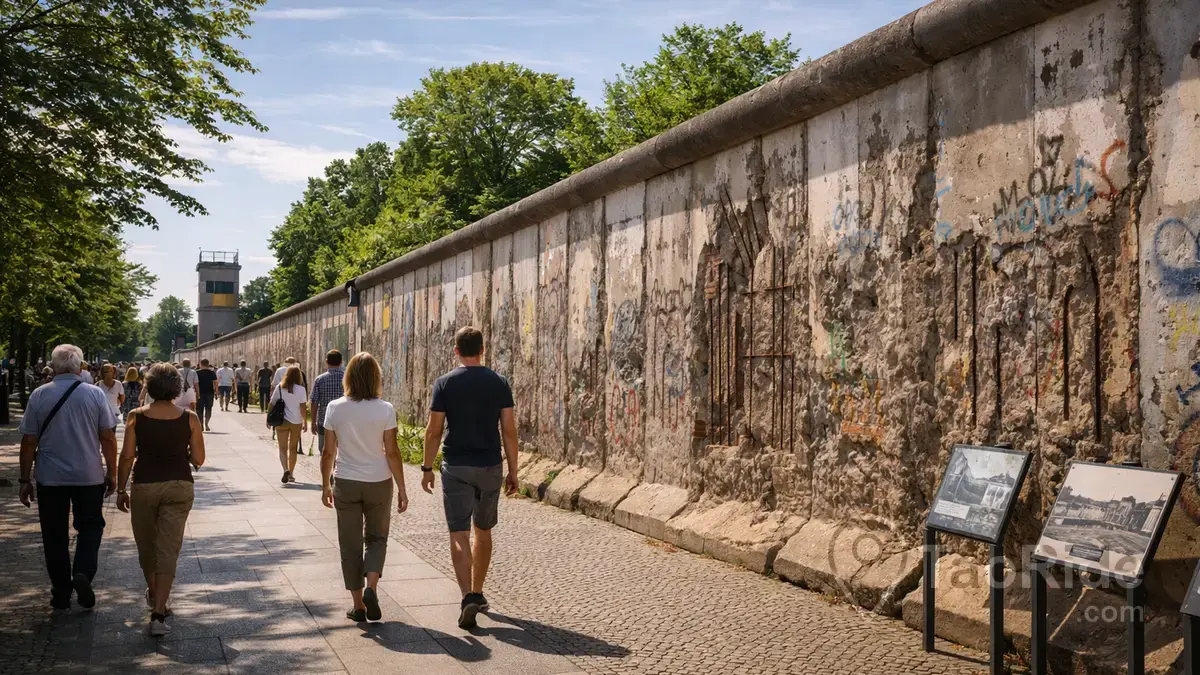 Historical remnants of the Berlin Wall with people walking by