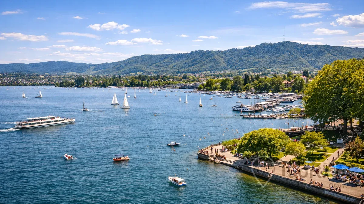 Scenic view of Lake Zurich on a sunny day