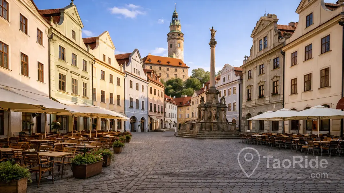 Cobblestone Square — Marian Column & Castle Tower
