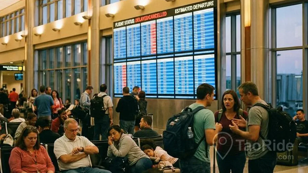 Travelers waiting in an airport terminal during a flight delay.