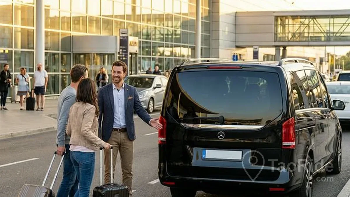 A driver assisting passengers with their luggage.