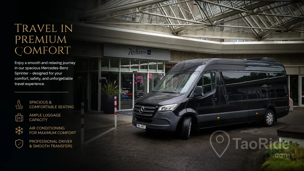 Luxury Mercedes Sprinter tour vehicle picking up guests at Radisson Blu Hotel Dortmund before a private Germany and Bavaria sightseeing tour