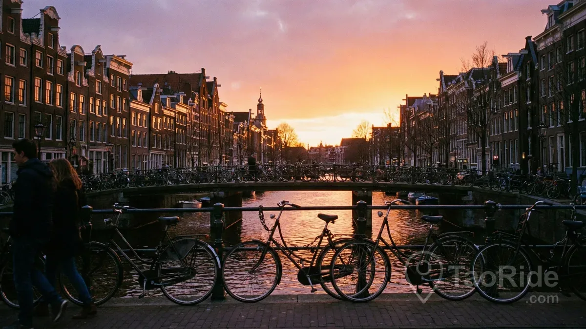Bicycles parked along the canals of Amsterdam