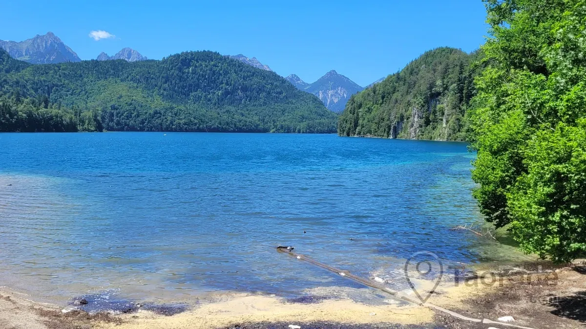 Scenic view of Alpsee Lake and Bavarian mountain landscape near Neuschwanstein Castle
