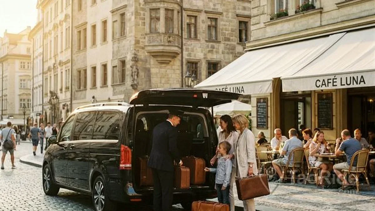 A busy street in Europe with transfer vehicles.