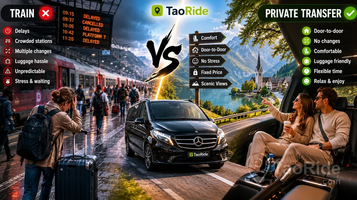 Train vs private transfer in Europe comparison infographic with luxury transfer service and European travel routes