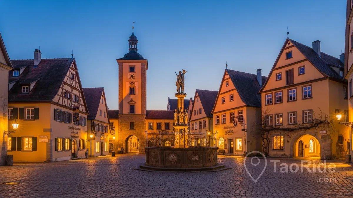 Evening collage of Rothenburg ob der Tauber featuring the illuminated Market Square, traditional Bavarian cafés and the famous Schneeballen pastry.