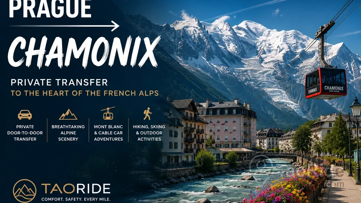 Private transfer from Prague to Chamonix-Mont-Blanc, France, featuring Mont Blanc, dramatic Alpine peaks, cable cars, and breathtaking mountain scenery.