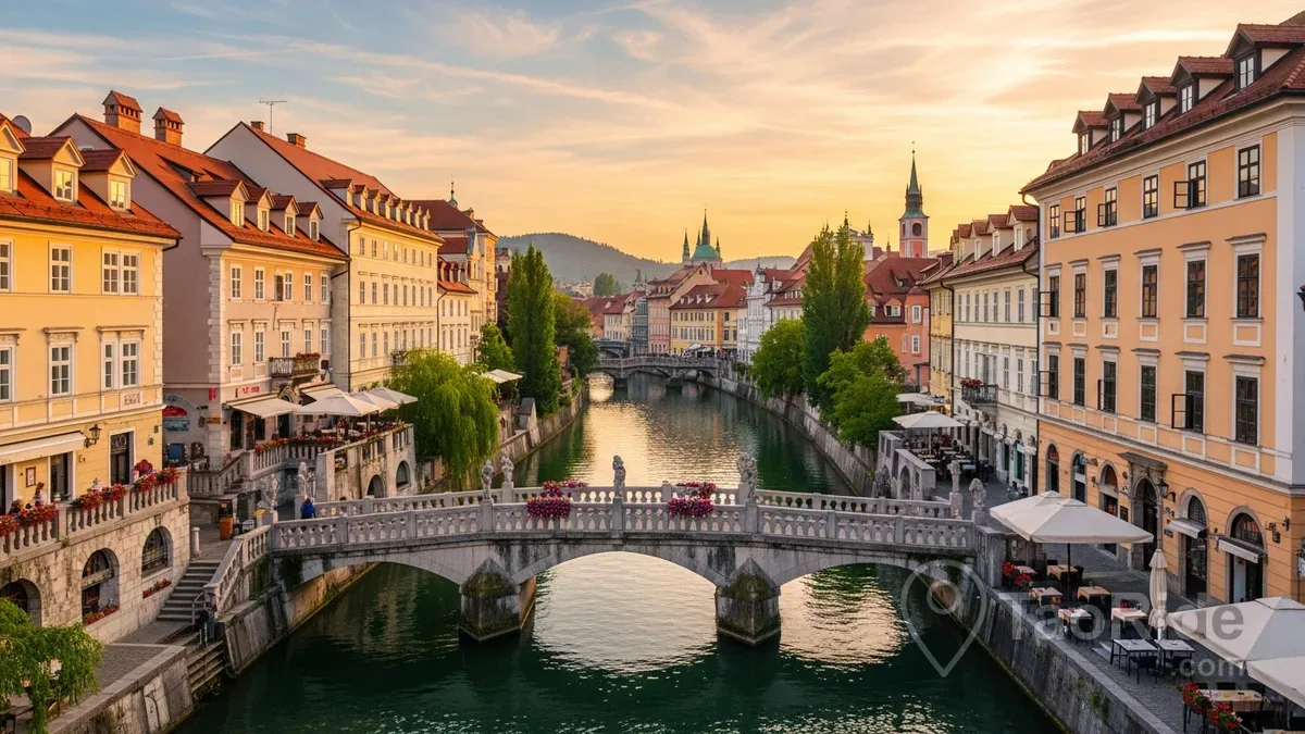 Panoramic view of Ljubljana city centre with the Ljubljanica River, historic bridges, colourful architecture and riverside cafés in Slovenia.