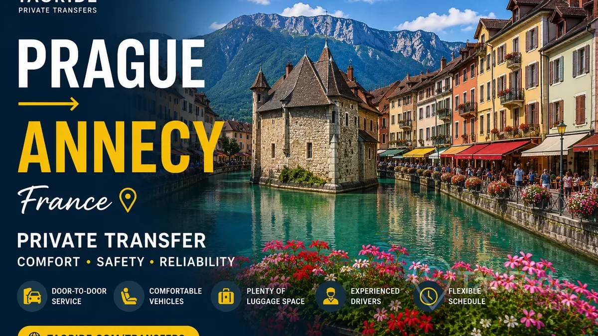 Private transfer from Prague to Annecy, France, featuring Lake Annecy, colorful canals, charming Old Town, and stunning Alpine mountains.
