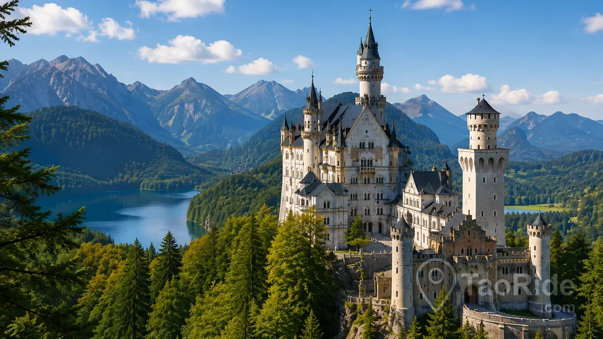 Neuschwanstein Castle surrounded by the Bavarian Alps and Alpsee Lake, Germany's most famous fairytale castle and one of the best day trips from Prague.