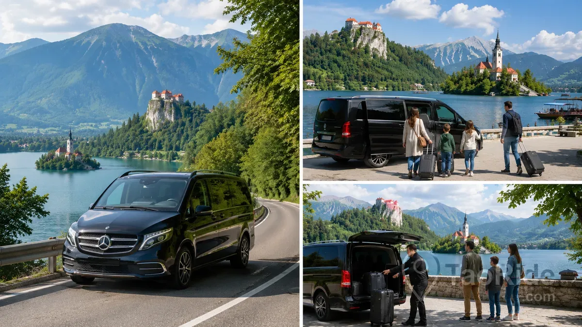 Private transfer from Prague to Lake Bled featuring a luxury Mercedes V-Class, travellers arriving at the lakeside, luggage assistance, Bled Castle, Bled Island, and the stunning Julian Alps in Slovenia.