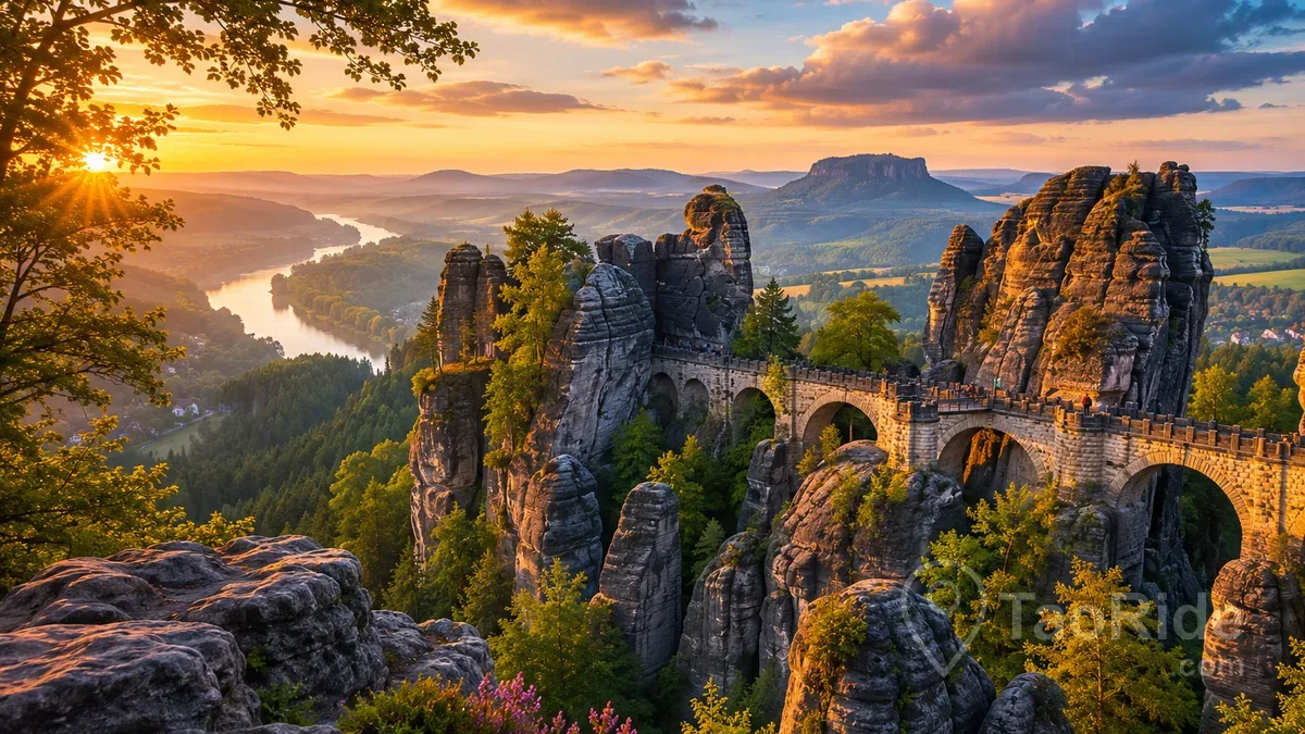 Historic sandstone Bastei Bridge connecting dramatic rock formations above the Elbe Valley in Saxon Switzerland National Park, Germany.