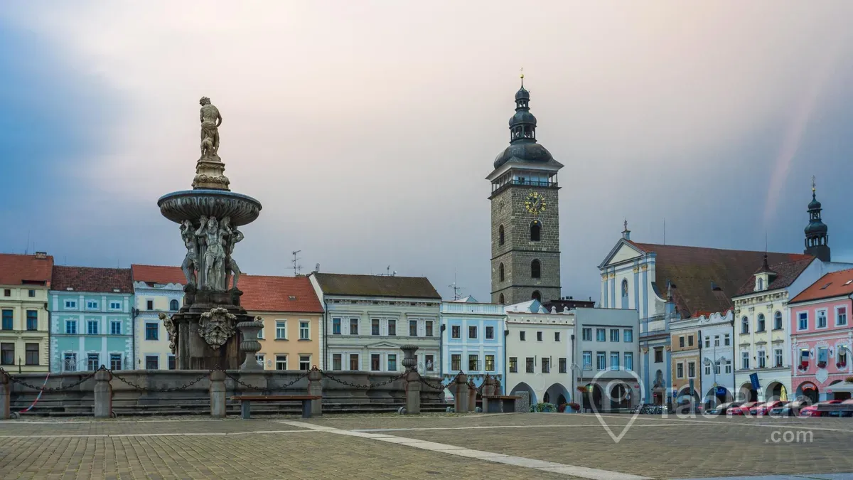 Historic landmarks of České Budějovice, including Přemysl Otakar II Square, the Black Tower, and Budweiser Budvar Brewery in South Bohemia, Czech Republic.