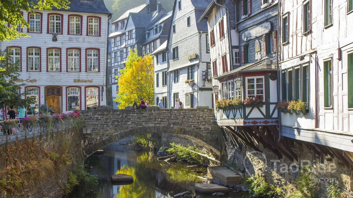 Traditional half-timbered houses along a historic street in Monschau, Germany.