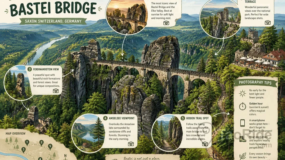 Panoramic viewpoint overlooking Bastei Bridge, sandstone cliffs, and the Elbe Valley in Saxon Switzerland National Park, Germany.