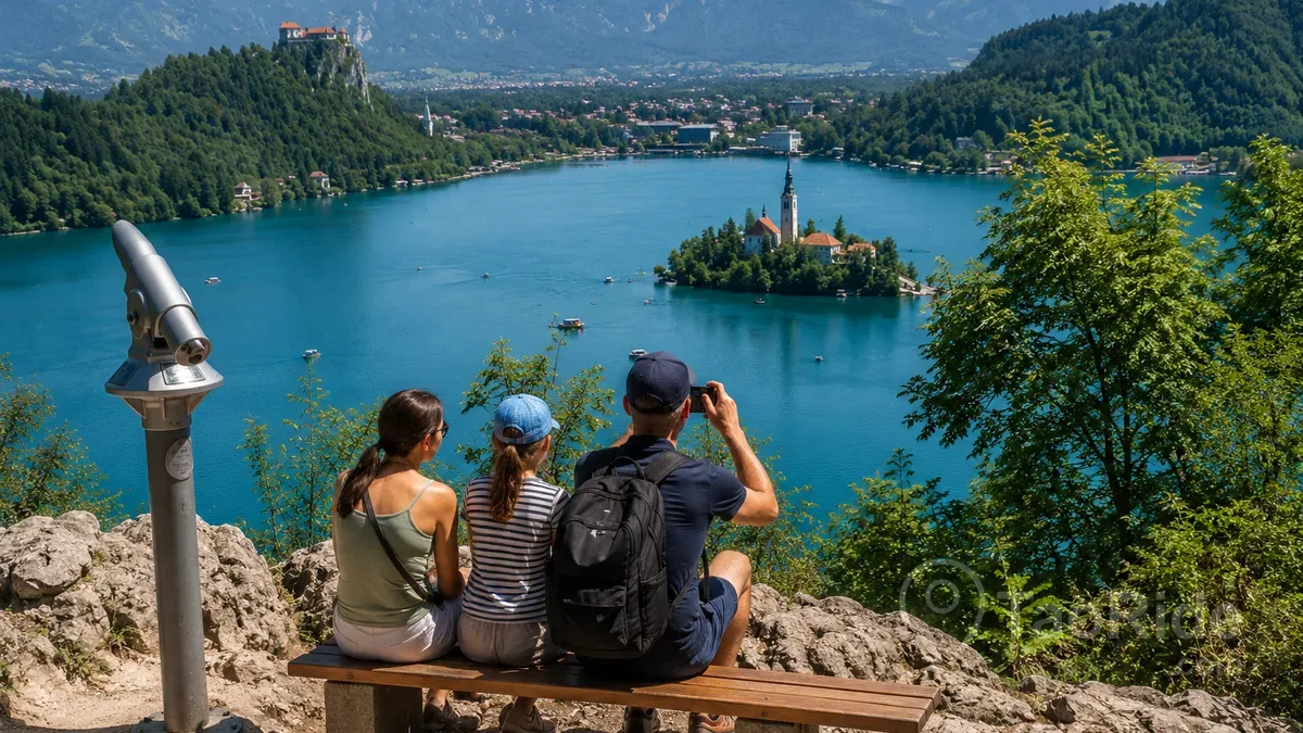 Visitors enjoying the panoramic view of **Lake Bled** from Ojstrica Viewpoint, overlooking **Bled Island**, **Bled Castle**, and the breathtaking **Julian Alps** in Slovenia.