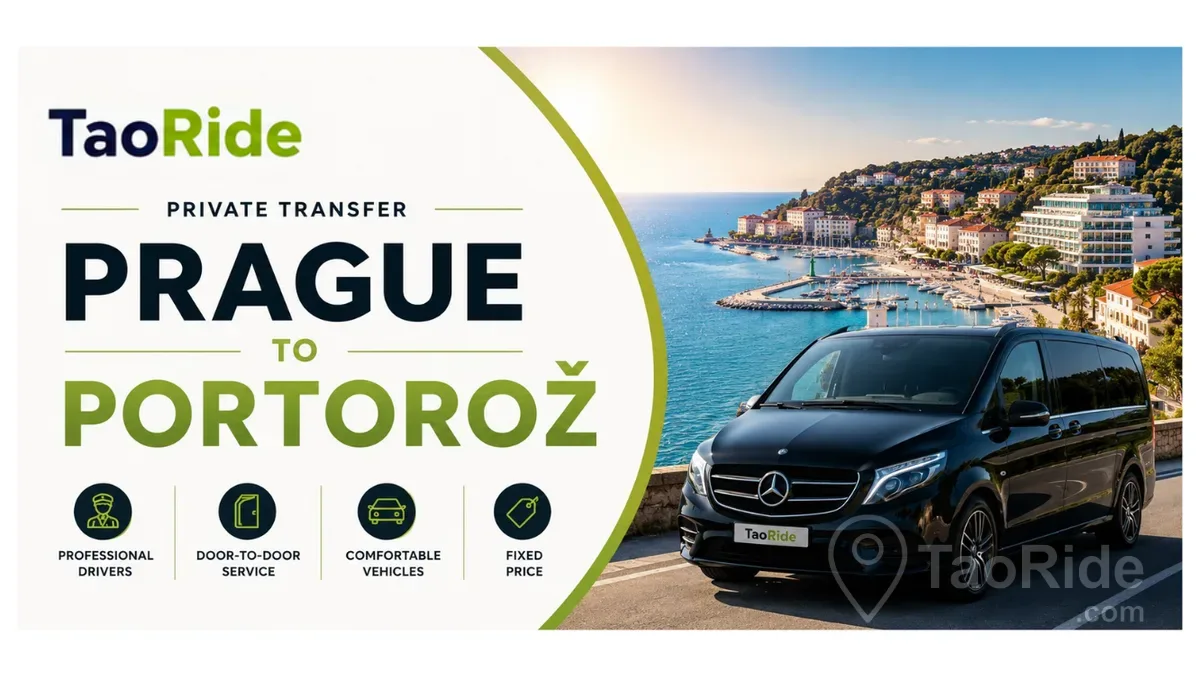 Private transfer from Prague to Portorož with luxury Mercedes van on the Slovenian Adriatic coast.