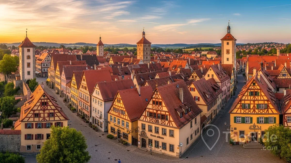 Panoramic view of Rothenburg ob der Tauber featuring colourful half-timbered houses, medieval towers, cobblestone streets and historic buildings in Bavaria, Germany.