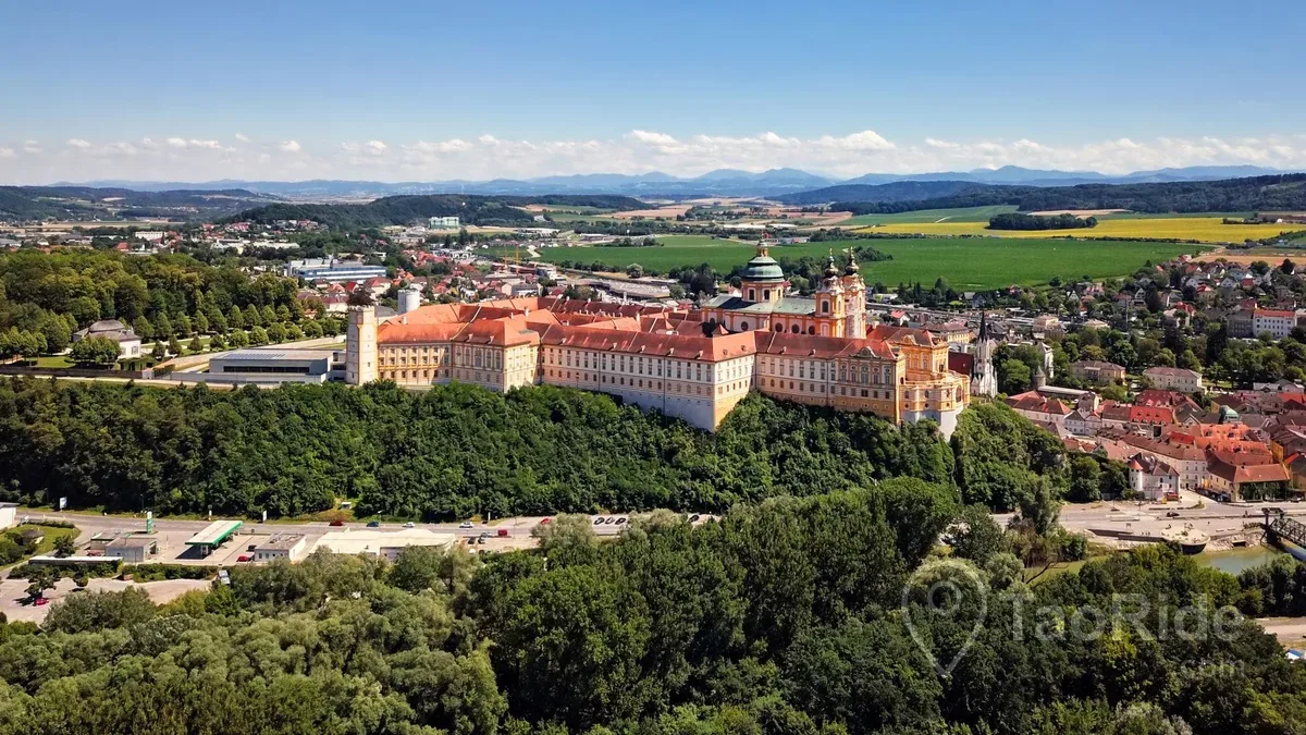 Melk Abbey overlooking the Danube River in Austria's Wachau Valley