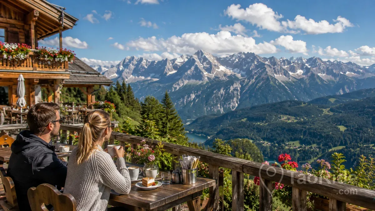 Couple enjoying coffee at an Alpine mountain restaurant with panoramic views near Zugspitze in the Bavarian Alps