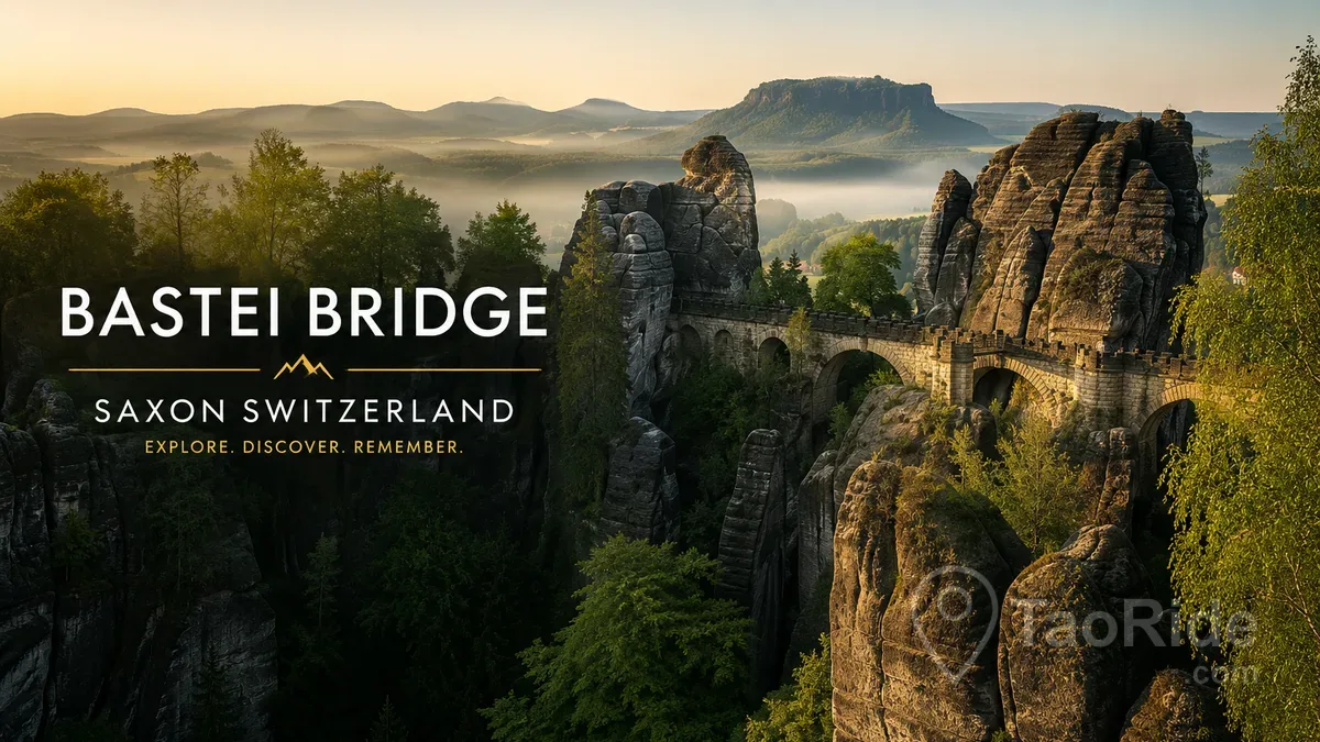 Bastei Bridge in Saxon Switzerland National Park overlooking the Elbe River with dramatic sandstone cliffs near Prague, Germany