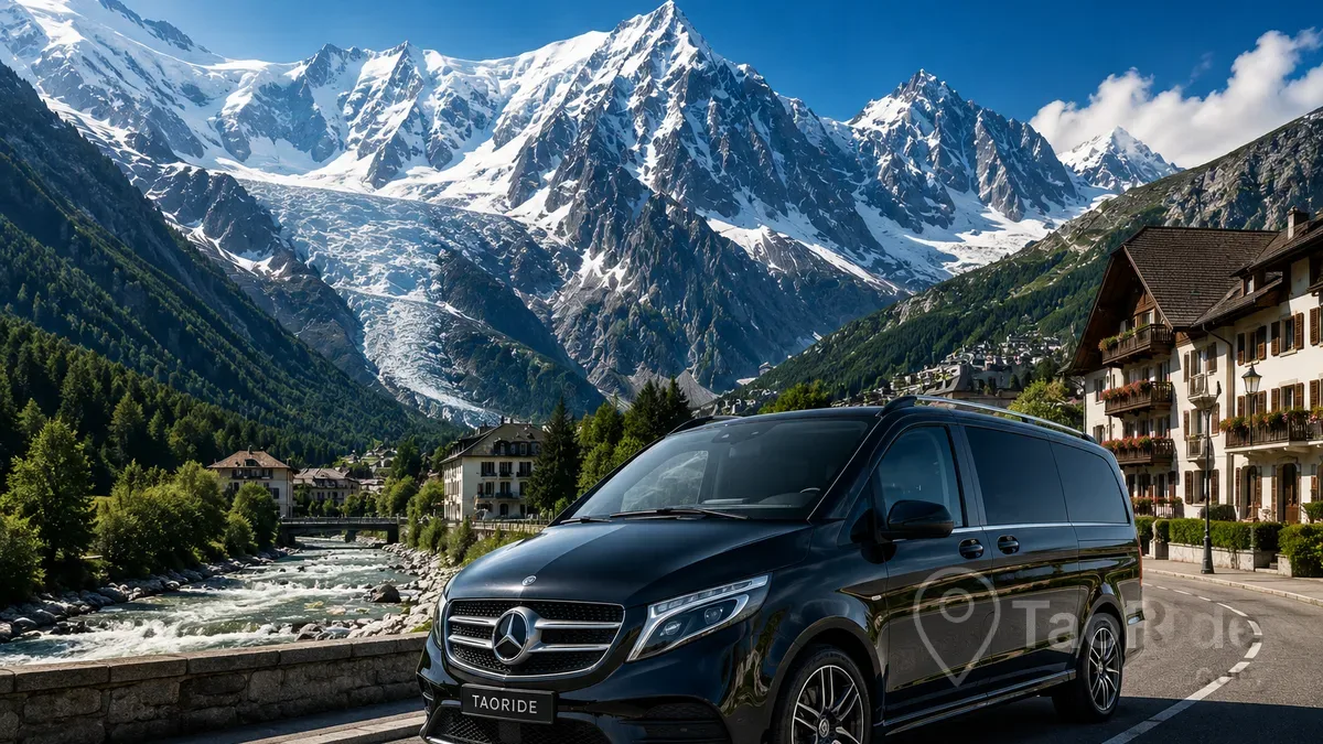Luxury Mercedes private transfer driving through the French Alps toward Chamonix-Mont-Blanc, surrounded by Mont Blanc, dramatic mountain peaks, forests, and breathtaking Alpine scenery.