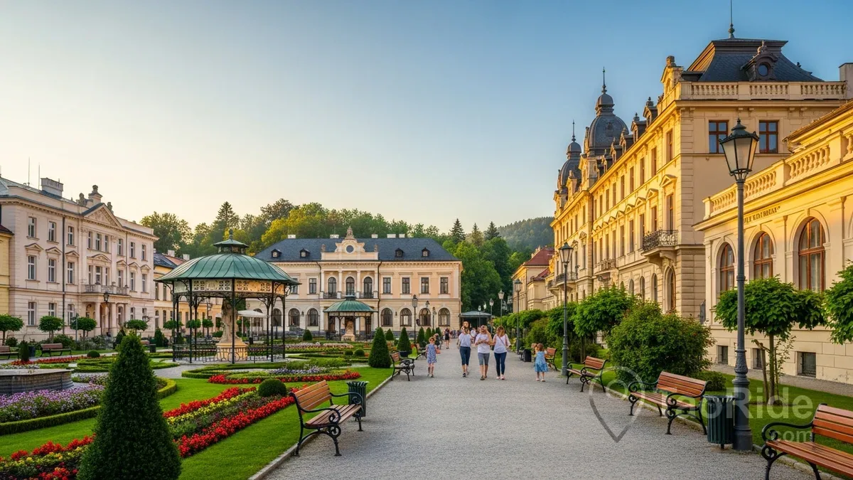 Spa promenade in Františkovy Lázně with historic architecture and gardens.