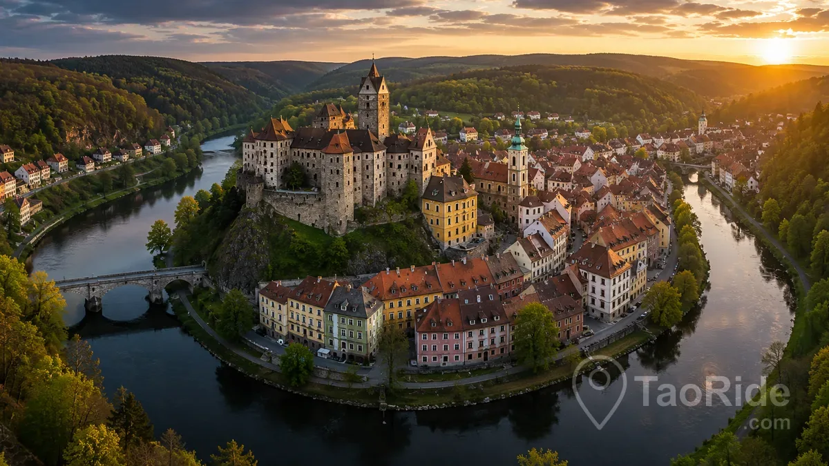 Panoramic aerial view of Loket Castle, the medieval old town, and the winding Ohře River in the Czech Republic.