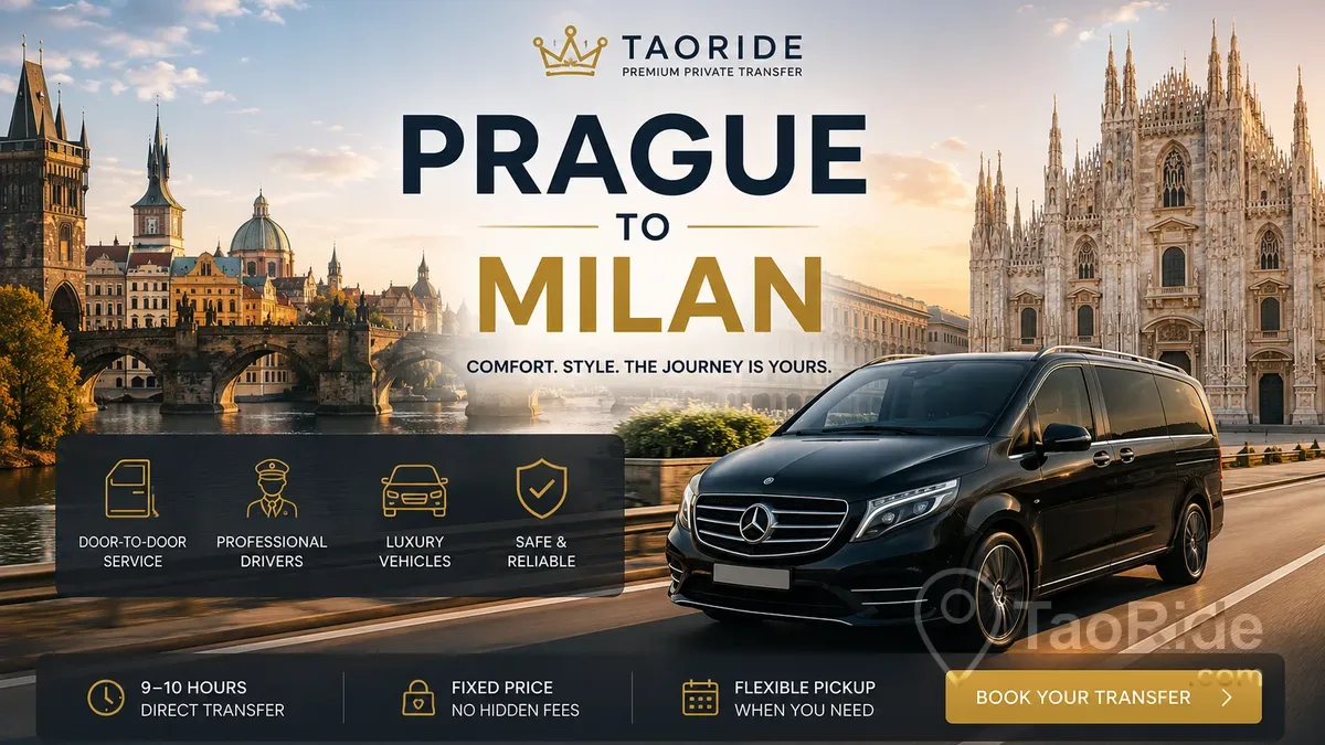 Luxury private transfer from Prague to Milan with scenic European landscapes and professional chauffeur service