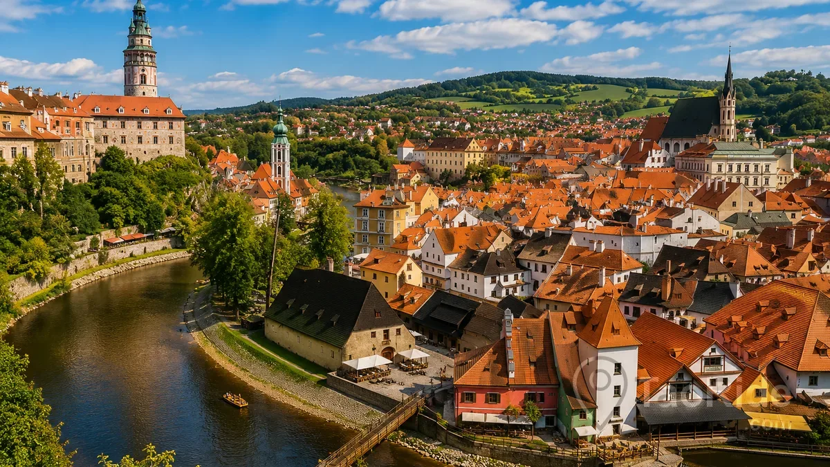 Cesky Krumlov Czech Republic panoramic scenic view of medieval town and Vltava River