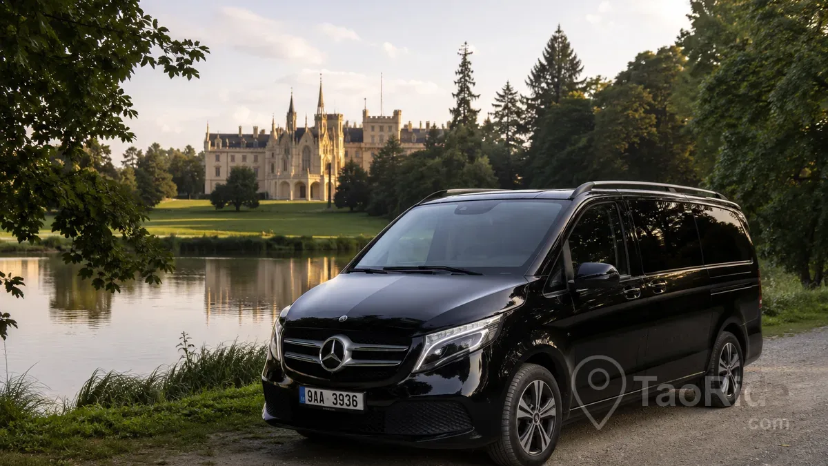 Luxury Mercedes private transfer parked near Lednice Castle in the Czech Republic, overlooking the UNESCO-listed Neo-Gothic palace, peaceful lake, landscaped gardens, and the beautiful South Moravian countryside.