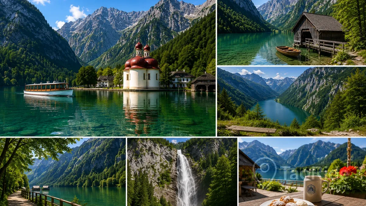 Photo collage of Lake Königssee featuring St. Bartholomä Church, Obersee, Röthbach Waterfall, scenic hiking trails, traditional boathouse, alpine viewpoints, and Bavarian mountain landscapes.