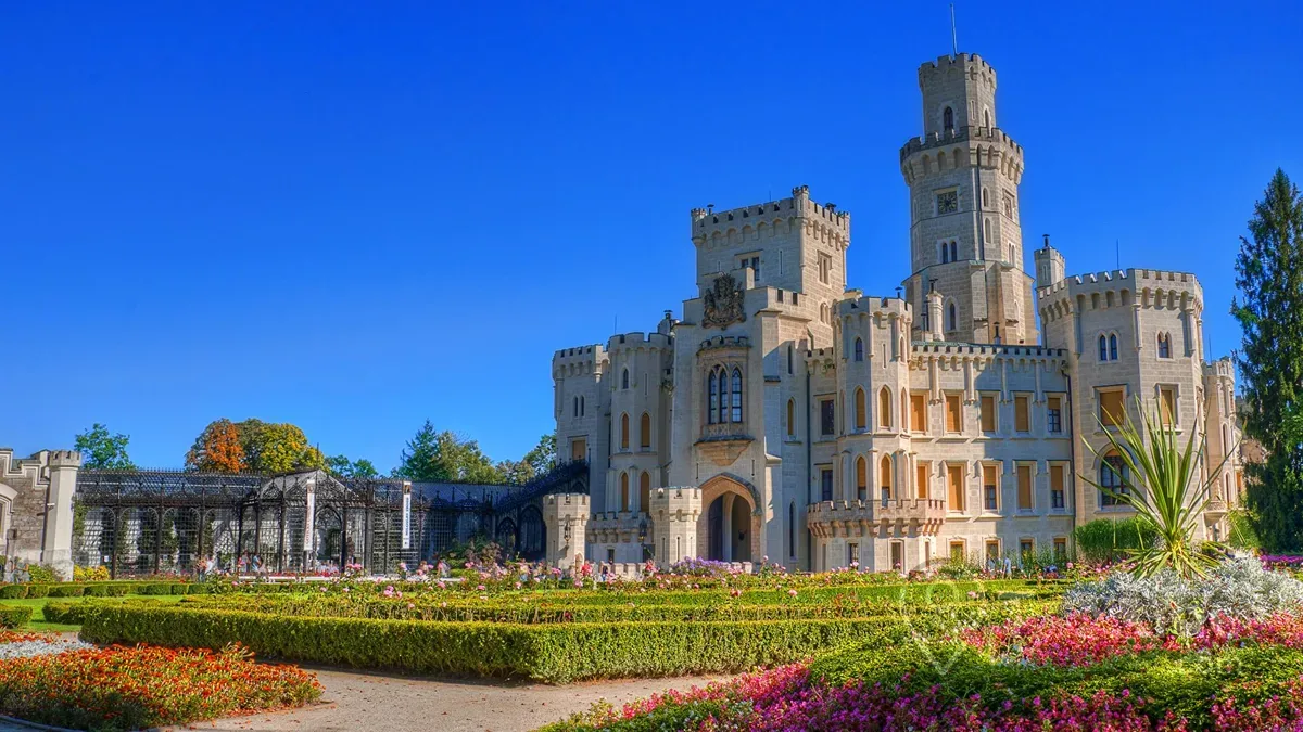 Hluboká Castle near České Budějovice, a fairytale Neo-Gothic castle in South Bohemia, Czech Republic.