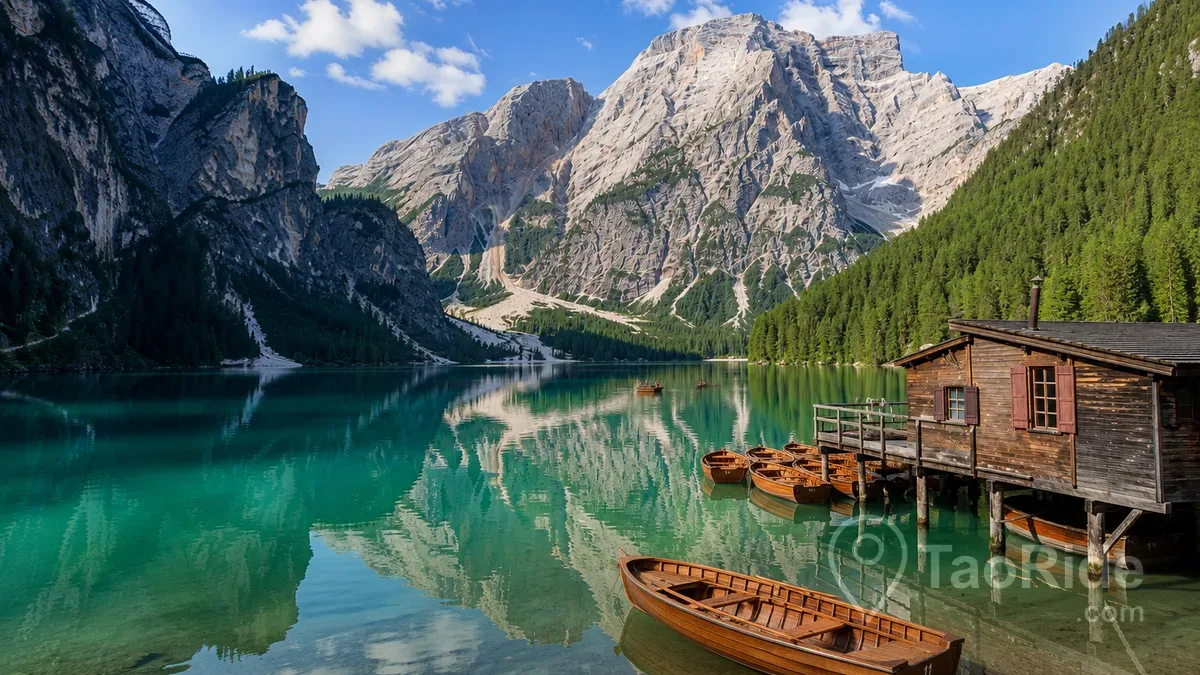 Traditional wooden boats at Lake Braies (Lago di Braies) surrounded by emerald water and the majestic Dolomite mountains in South Tyrol, Italy.
