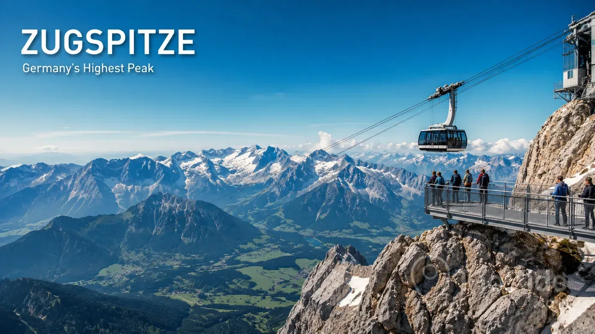 Zugspitze, Germany's highest mountain, panoramic Alpine view with cable car, observation deck and snow-capped peaks