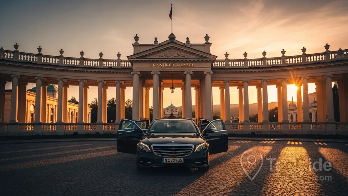 A luxury Mercedes-Benz parked in front of the iconic spa colonnade of Františkovy Lázně, showcasing the elegance and comfort of a private transfer from Prague to Františkovy Lázně. The image highlights premium chauffeur service, fixed prices, door-to-door transportation, and stress-free travel to one of the Czech Republic's most beautiful UNESCO spa towns.