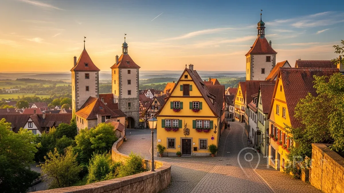 Collage of Rothenburg ob der Tauber featuring the famous Plönlein, medieval half-timbered houses, historic towers, cobblestone streets, and panoramic views of Bavaria, Germany.