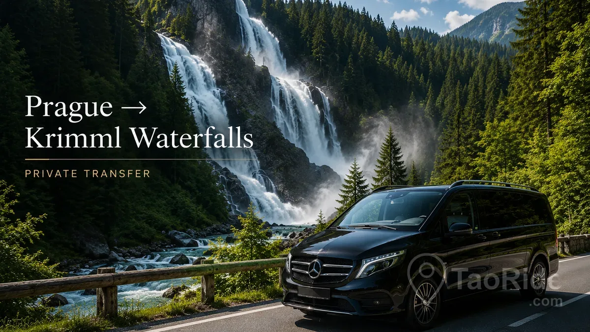 Luxury Mercedes private transfer near Krimml Waterfalls in Austria surrounded by Alpine mountains, forest trails, and Europe's spectacular cascading waterfalls.